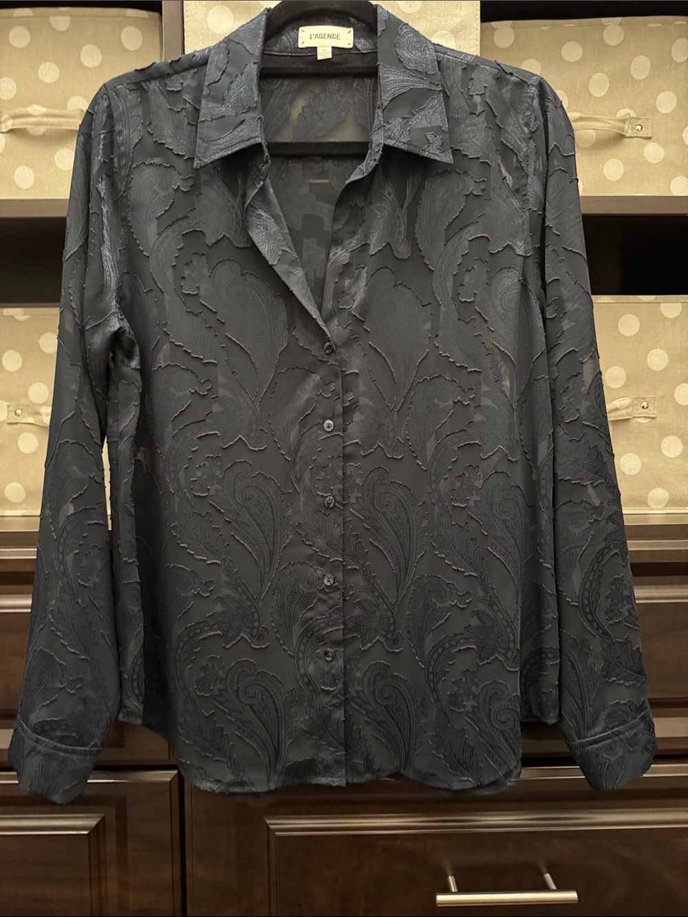 L'AGENCE Women’s silk Dark Navy Paisley-Textured Button Shirt